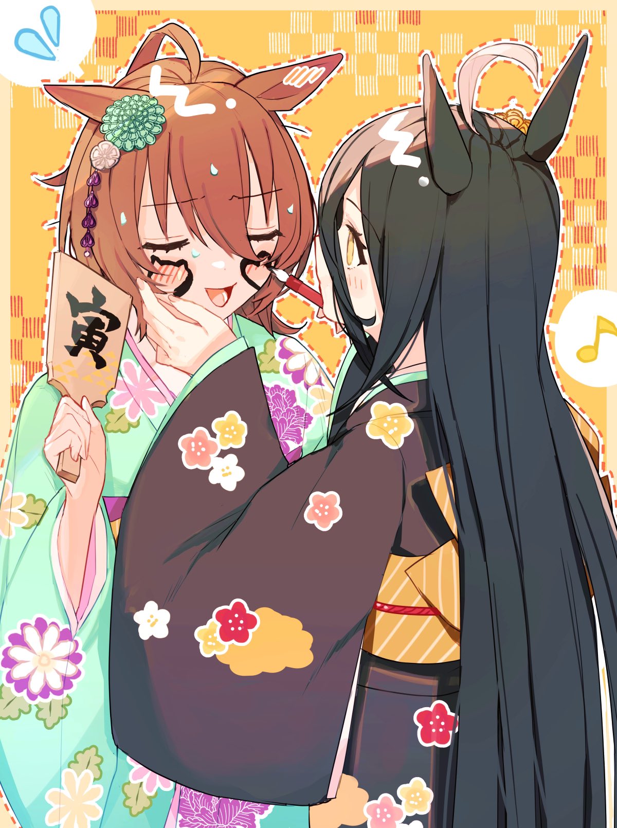 2girls agnes_tachyon_(umamusume) animal_ears aqua_kimono bangs black_hair black_kimono blush calligraphy_brush closed_eyes ears_down eighth_note facepaint floral_print hagoita highres holding holding_brush horse_ears japanese_clothes kimono long_hair long_sleeves looking_at_another manhattan_cafe_(umamusume) multiple_girls musical_note new_year nochatea obi open_mouth paddle paintbrush sash short_hair very_long_hair wide_sleeves yellow_eyes yellow_sash yuri