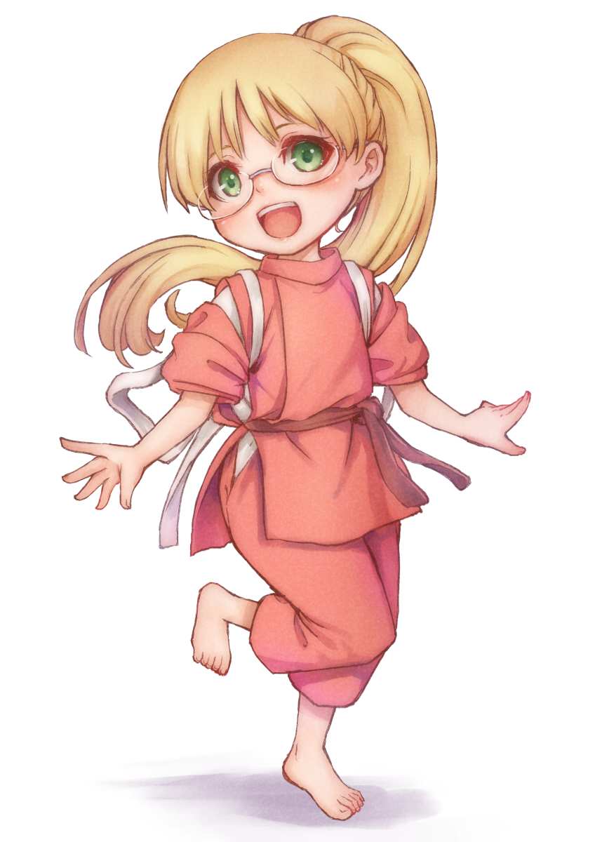 1girl :d bangs barefoot blonde_hair cosplay full_body glasses green_eyes highres hip_vent japanese_clothes kodue55 long_hair looking_at_viewer made_in_abyss ogino_chihiro ogino_chihiro_(cosplay) pants ponytail riko_(made_in_abyss) sash sen_to_chihiro_no_kamikakushi simple_background smile solo standing standing_on_one_leg studio_ghibli tasuki white_background