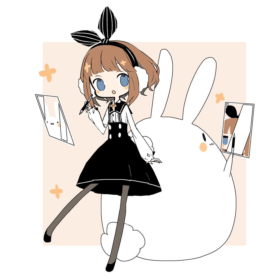 ._. 1girl :3 :o arm_at_side bangs black_bow black_legwear black_skirt blue_eyes blunt_bangs blush_stickers border bow brown_hair bunny closed_mouth commentary_request creature drawing earmuffs flower_(symbol) from_behind from_side full_body hair_bow hand_up high-waist_skirt holding holding_pen leg_up long_sleeves looking_at_viewer looking_to_the_side no_nose no_pupils original outside_border pantyhose parted_lips pen picture_(object) pink_background pleated_skirt portrait_(object) puffy_long_sleeves puffy_sleeves rounded_corners shirt short_hair simple_background skirt smile solid_oval_eyes standing striped striped_bow suspender_skirt suspenders tareme vertical_stripes wavy_hair white_border white_shirt wrist_extended yukihi yukihi-chan