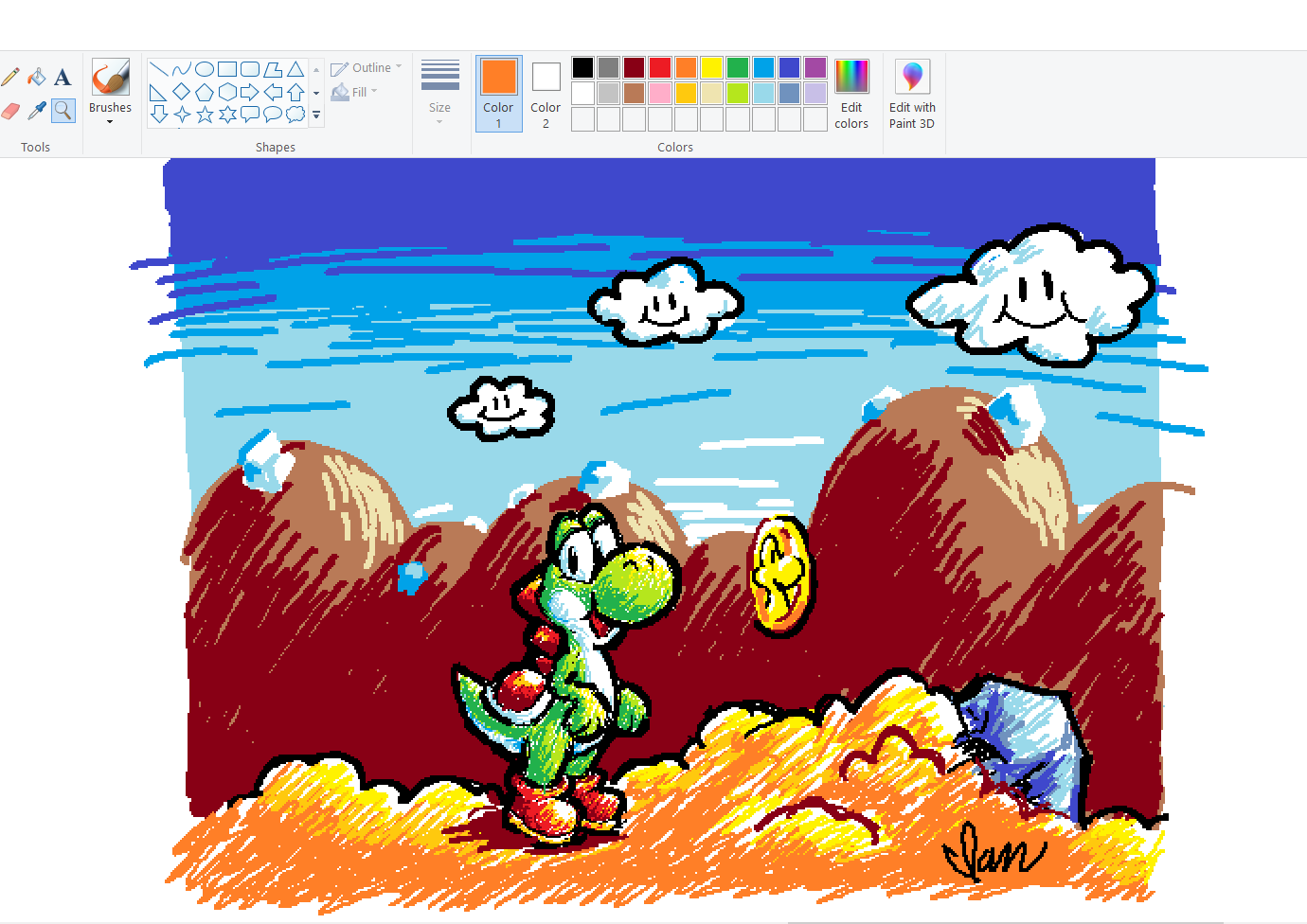 black_eyes boots cloud coin english_commentary looking_at_viewer mario_(series) mountain mspaint_(medium) mspaint_(software) nerples no_humans open_mouth red_footwear shell signature sketch sky smile solo yoshi yoshi's_island