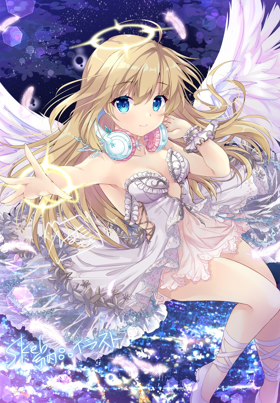 1girl angel angel_wings armpits bare_shoulders blonde_hair blue_eyes breasts city cleavage commission dress feathered_wings feathers flying halo headphones headphones_around_neck highres hinata_momo long_hair night night_sky original outstretched_arm shoes skeb_commission sky small_breasts smile solo star_(sky) strapless strapless_dress thighs white_dress white_footwear white_wings wings