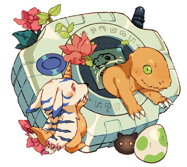 agumon claws closed_mouth device digiegg digimon digimon_(creature) digimon_adventure egg english_commentary fangs flower gabumon green_eyes leaf looking_at_another no_humans pink_flower plant red_eyes sharp_teeth simple_background teeth vulpetrope white_background