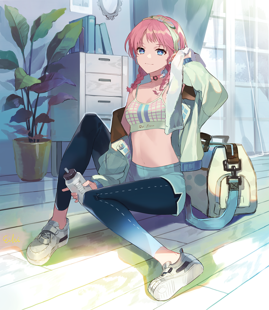 1girl arknights arm_up bag bangs bare_shoulders blue_eyes blue_poison_(arknights) blue_poison_(shoal_beat)_(arknights) blue_shorts book braid breasts bright_pupils choker cleavage closed_mouth collarbone curtains dolphin_shorts duffel_bag earrings eihi eyebrows_visible_through_hair full_body green_hairband green_jacket grey_footwear hairband holding holding_towel indoors jacket jewelry knee_up leggings legwear_under_shorts long_hair long_sleeves looking_at_viewer navel off_shoulder official_alternate_costume on_floor open_clothes open_jacket pink_choker pink_hair plant potted_plant shelf shoes short_shorts shorts signature sitting small_breasts smile sneakers solo sports_bra stomach stud_earrings towel twin_braids window wooden_floor