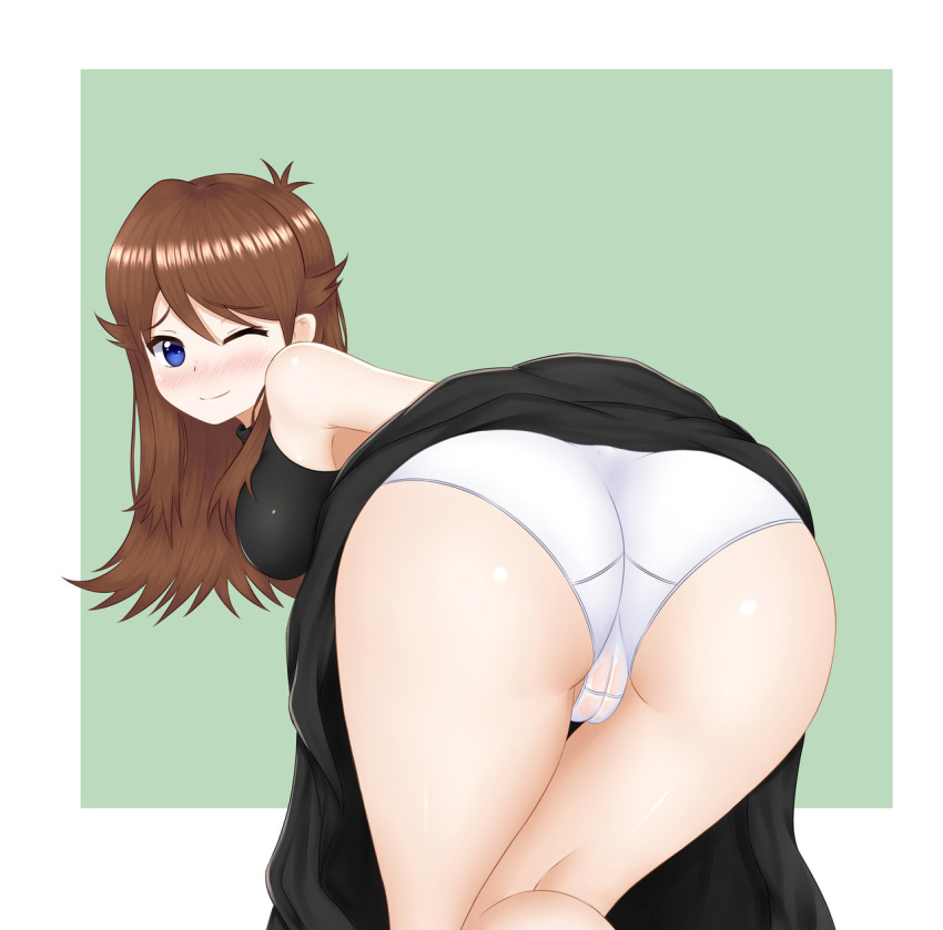 1girl ass bad_deviantart_id bad_id bangs bent_over black_dress blue_eyes blush breasts brown_hair cameltoe cleft_of_venus closed_mouth clothes_lift dress dress_lift duplicate green_(pokemon) keshigomu long_hair looking_back one_eye_closed panties pixel-perfect_duplicate pokemon pokemon_adventures pussy raised_eyebrows shiny shiny_hair smile solo underwear white_panties