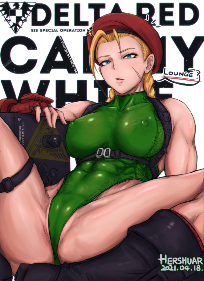 1girl ? abs ahoge antenna_hair arm_up artist_name bare_shoulders beret biceps black_footwear blonde_hair blue_eyes boots braid breasts buttons cameltoe cammy_white character_name chest_harness collarbone colored_skin combat_boots controller covered_navel covered_nipples dated ears emblem english_text eyelashes fingerless_gloves folded_leg gauntlets gloves green_leotard harness hat hershuar highleg highleg_leotard holster insignia joystick legs leotard looking_at_viewer medium_breasts muscular muscular_female name_tag navel nipples open_mouth red_gloves red_headwear red_legwear scar scar_on_cheek scar_on_face sitting socks solo speech_bubble spread_legs street_fighter thick_thighs thigh_holster thigh_strap thighs tight toned tumblr_username twin_braids twintails twitter_username white_background white_skin