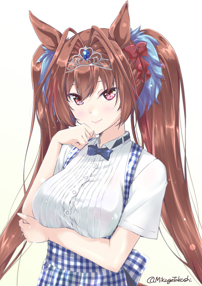 1girl animal_ears artist_name blush breasts brown_hair closed_mouth daiwa_scarlet_(umamusume) dirndl dress german_clothes hair_intakes hair_ornament hair_scrunchie horse_ears horse_tail large_breasts long_hair mikage_takashi pink_eyes plaid plaid_dress scrunchie simple_background smile solo tail tiara twintails umamusume very_long_hair white_background white_dress