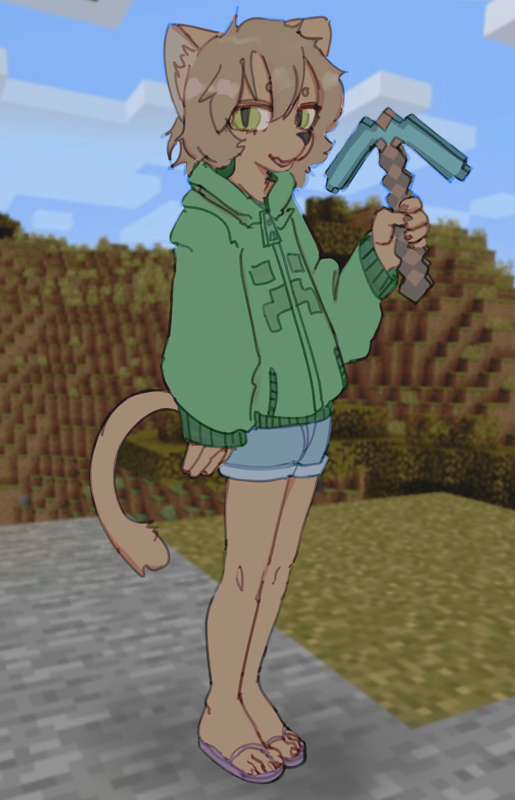 5_fingers anthro bangs black_nose bottomwear brown_body brown_fur brown_hair brown_nails clothing cloud colored_nails cowlick day diamond_pickaxe felid feline fingers flip_flops footwear fur gigawix grass green_eyes hair hi_res holding_object hoodie inner_ear_fluff looking_at_viewer male mammal microsoft minecraft mojang nails open_mouth outside plant pupils raised_arm sandals shadow short_hair shorts slit_pupils solo standing topwear tuft video_games xbox_game_studios