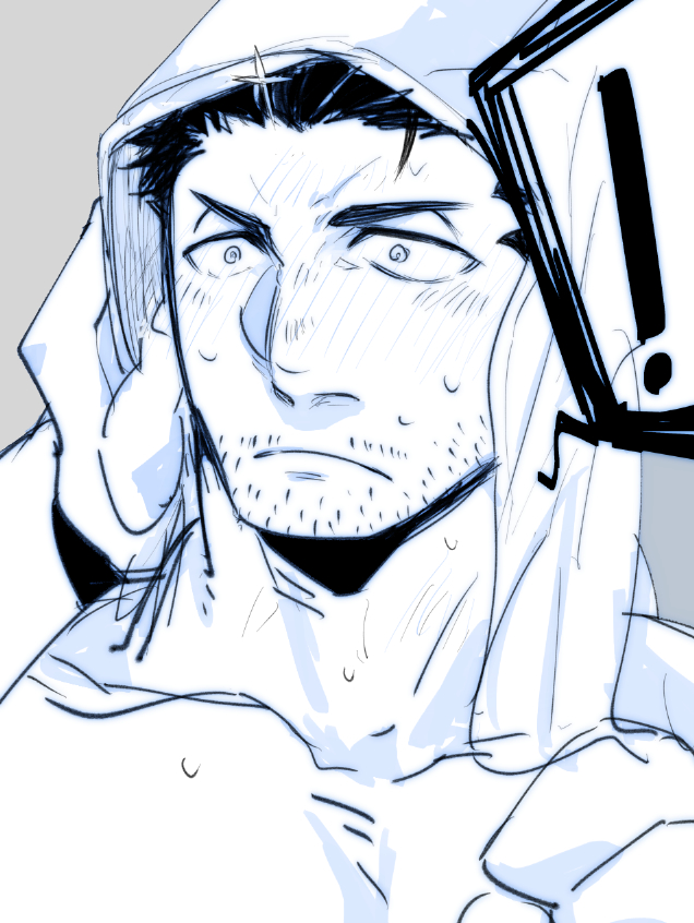 ! 1boy bara blue_theme blush close-up face facial_hair male_focus mature_male monochrome muscular muscular_male nose_blush po_fu short_hair sideburns sketch stubble tokyo_afterschool_summoners towel towel_on_head wide-eyed zabaniya_(housamo)