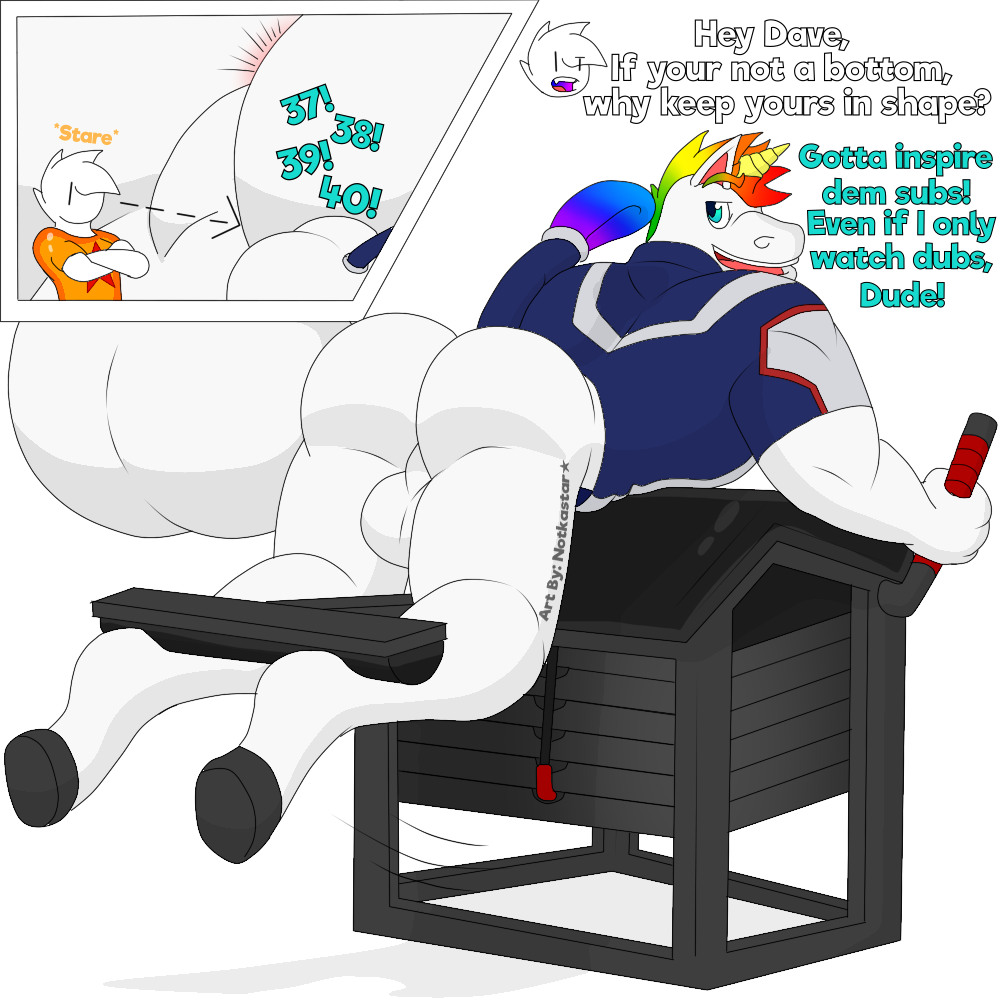 anthro anus balls bottomless butt clothed clothing dave_(character) dialogue dragon_ball duo equid equine exercise genitals hooves horn male mammal max_(character) my_hero_academia notkastar rainbow rear_view shirt stare topwear unicorn workout