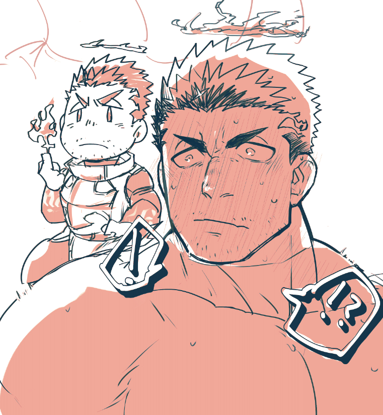 ! !? 1boy ? bara blush chibi chibi_inset facial_hair flaming_halo full-face_blush large_pectorals male_focus mature_male monochrome muscular muscular_male pectorals po_fu red_theme short_hair sideburns skin_tight spoken_exclamation_mark spoken_question_mark stubble sweat sweatdrop tokyo_afterschool_summoners upper_body zabaniya_(housamo)