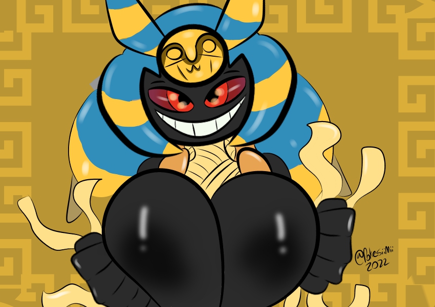 2022 anthro big_breasts blue_body breasts clothing cofagrigus detailed detailed_background egyptian egyptian_clothing fak&eacute;mon female fusion glistening glistening_body glistening_breasts holding_breast light lighting medicham mummy mummy_wrappings nintendo pok&eacute;mon pok&eacute;mon_(species) pok&eacute;mon_fusion pokesiimii presenting red_eyes ruined_clothing smile thick_thighs undead video_games yellow_body