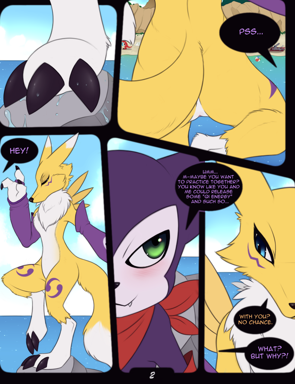 anthro armwear bandai_namco beach butt claws clothing comic digimon digimon_(species) female genitals hi_res impmon meraence mostly_nude on_one_leg purple_armwear purple_clothing pussy rear_view renamon seaside standing