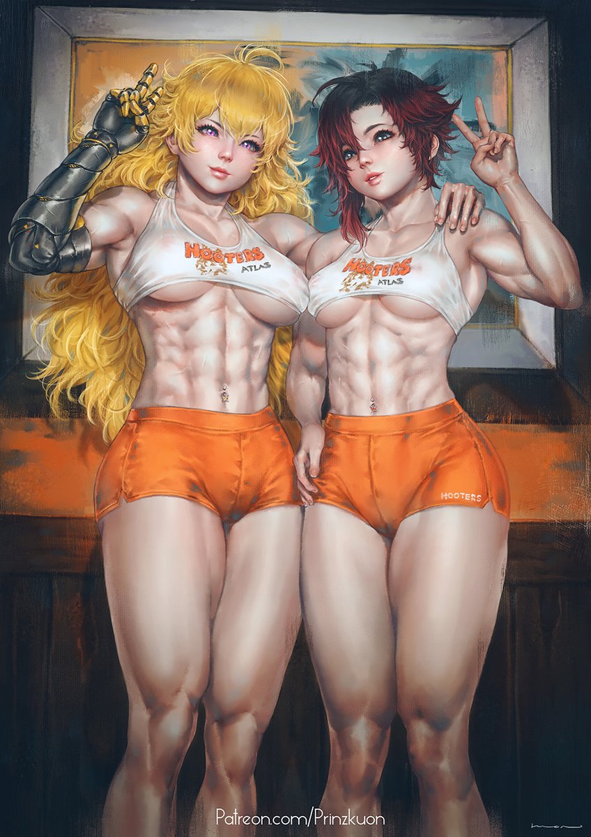 2girls abs amputee bare_arms bare_shoulders black_hair blonde_hair breast_press breasts covering_nipples crop_top employee_uniform feet_out_of_frame gradient_hair grey_eyes hand_on_another's_shoulder hand_on_hip highres hooters kuon_(kwonchanji) large_breasts legs lips long_hair looking_at_viewer mechanical_arms multicolored_hair multiple_girls muscular muscular_female navel navel_piercing no_legwear orange_shorts painting_(object) patreon_username piercing purple_eyes red_hair restaurant revealing_clothes ruby_rose rwby see-through_shirt short_hair short_shorts shorts sidelocks signature smile tank_top thick_thighs thighs two-tone_background underboob uniform v wall web_address yang_xiao_long