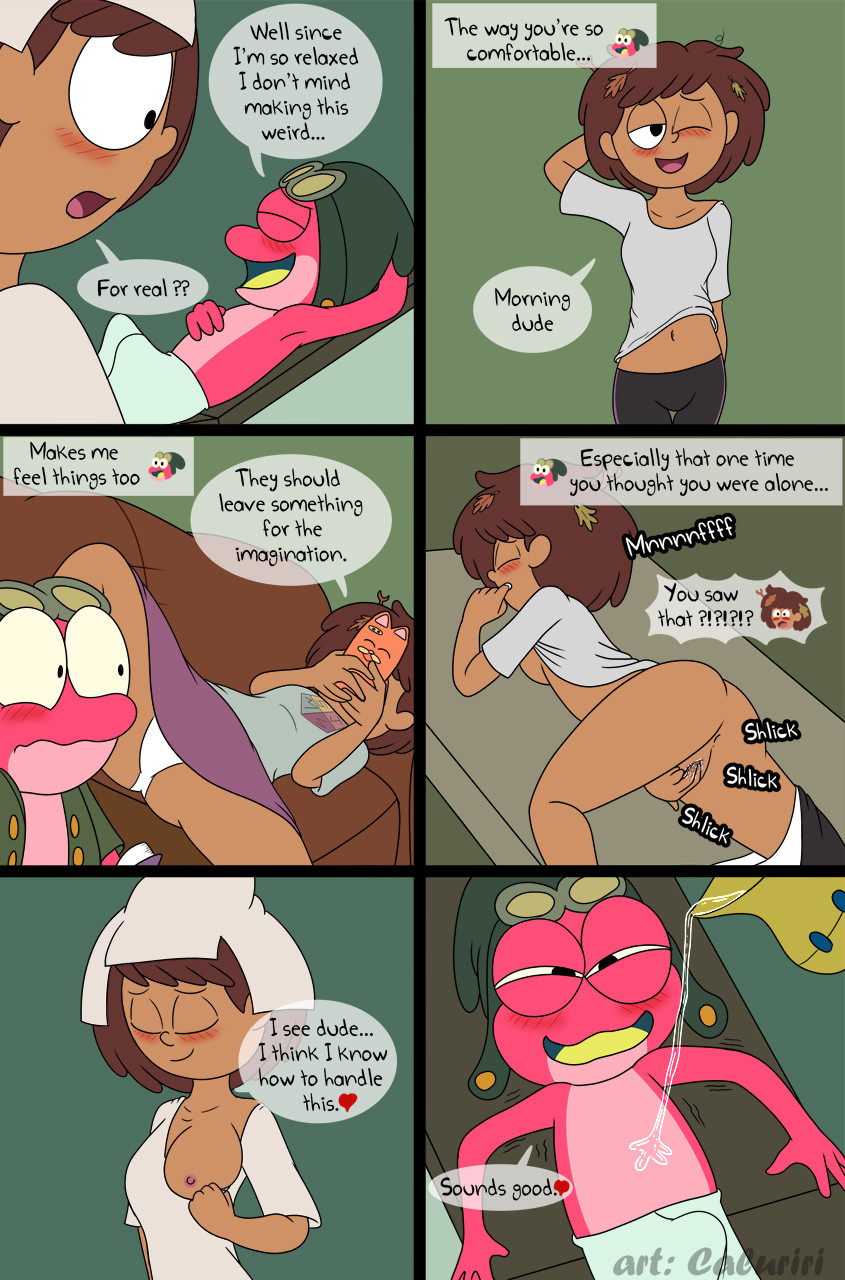 &lt;3 amphibia_(series) amphibian anne_boonchuy anus black_eyes blush breasts brown_hair butt caluriri clothing comic disney english_text frog genitals hair hi_res human leaf leaf_in_hair male mammal masturbation nipples open_mouth panties phone pink_body pussy semi-anthro size_difference sound_effects sprig_plantar text underwear vaginal vaginal_masturbation