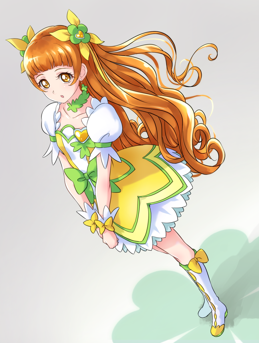 1girl alternate_hairstyle boots bow brown_eyes brown_hair chocokin choker clip_studio_paint_(medium) clover collarbone cure_rosetta dokidoki!_precure dress flower from_above gradient gradient_background green_choker grey_background hair_flower hair_ornament highres long_hair looking_at_viewer looking_up open_mouth precure puffy_short_sleeves puffy_sleeves short_sleeves solo waist_bow white_dress white_footwear wrist_cuffs yellow_dress yotsuba_alice