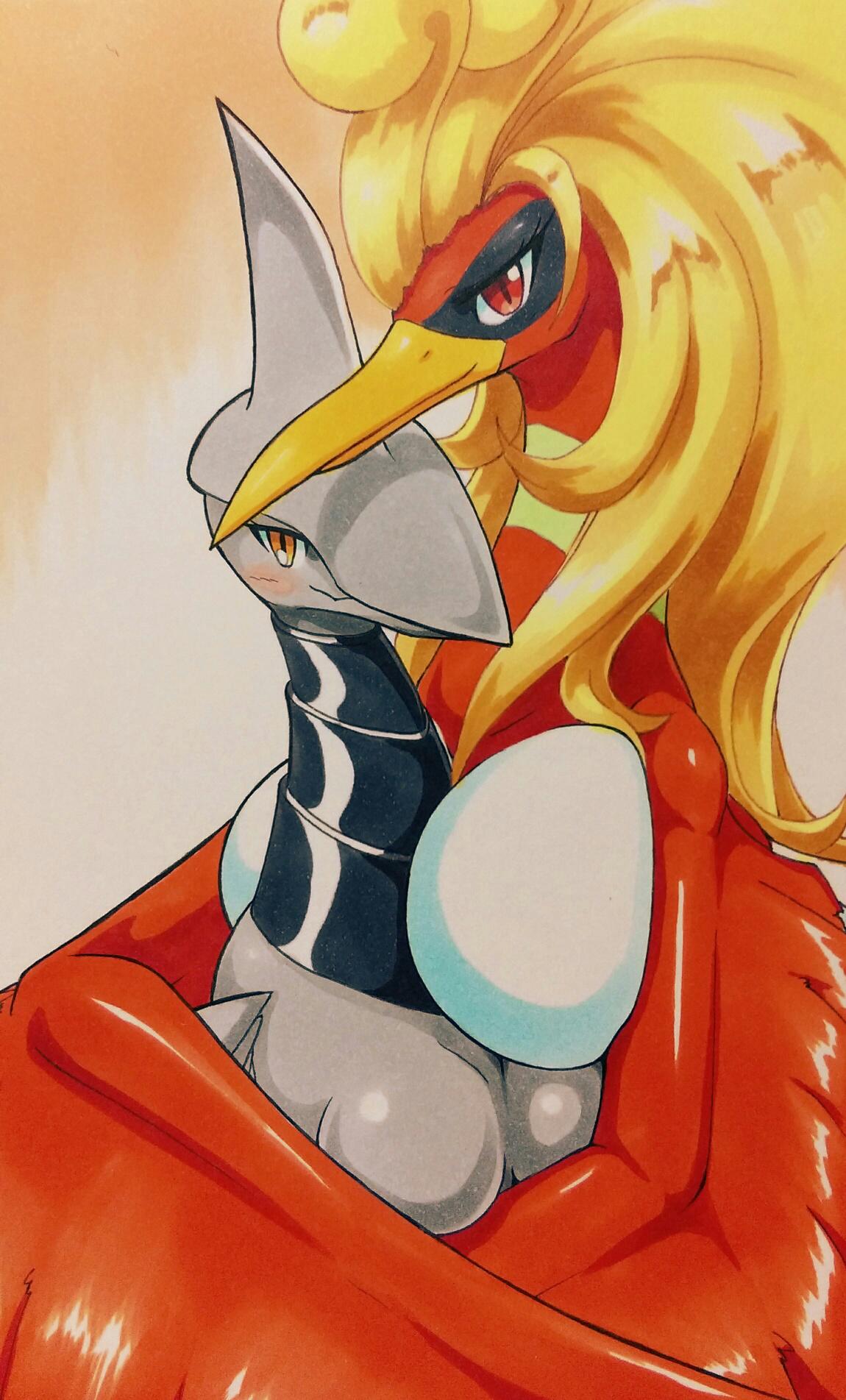 025aki 2015 anthro anthrofied avian beak between_breasts big_breasts bird black_eyelashes blush breasts duo embrace feathered_crest feathered_wings feathers featureless_breasts female front_view green_body green_feathers grey_beak grey_body head_crest hi_res ho-oh hug legendary_pok&eacute;mon looking_at_viewer male metallic_body multicolored_body multicolored_feathers mythological_avian mythological_firebird mythology nintendo non-mammal_breasts pok&eacute;mon pok&eacute;mon_(species) pok&eacute;morph red_body red_eyes red_feathers shaded skarmory traditional_media_(artwork) translated_description translation_check video_games white_body white_feathers wings yellow_beak yellow_body yellow_eyes yellow_feathers