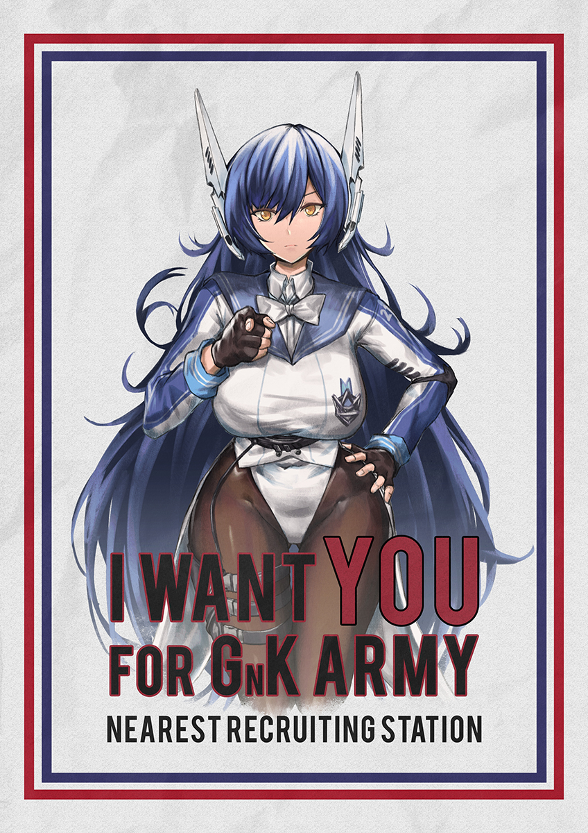 1girl black_gloves blue_hair breasts brown_legwear commission english_text fingerless_gloves girls'_frontline gloves highres i_want_you large_breasts leotard long_hair long_sleeves pantyhose parody persocon93 pointing pointing_at_viewer propaganda robot_ears solo tar-21_(girls'_frontline) thigh_strap white_leotard yellow_eyes