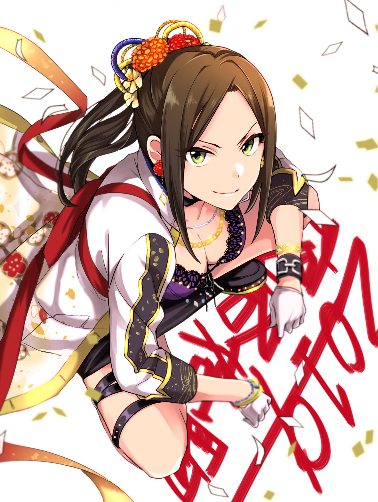 1girl 2019 banchou black_footwear bousouzoku bracelet breasts brown_hair chain chains cleavage confetti earrings flower flower_earrings from_above gloves gold_chain green_eyes hair_flower hair_ornament happy_new_year highres idolmaster idolmaster_cinderella_girls jacket jewelry leg_strap long_hair looking_at_viewer looking_up medium_breasts miniskirt mismatched_earrings mukai_takumi new_year on_floor ponytail skirt sleeves_folded_up smile smirk solo squatting tied_hair white_background white_gloves white_jacket wristband yomi_(jetme07)