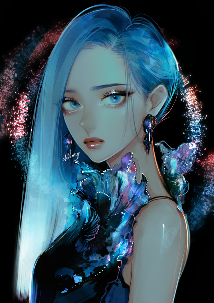 1girl bare_shoulders blue_eyes blue_hair blue_theme earrings expressionless eyeshadow from_side glowing gradient_hair hair_over_shoulder jewelry lips long_hair looking_at_viewer makeup multicolored_hair original signature solo takenaka upper_body