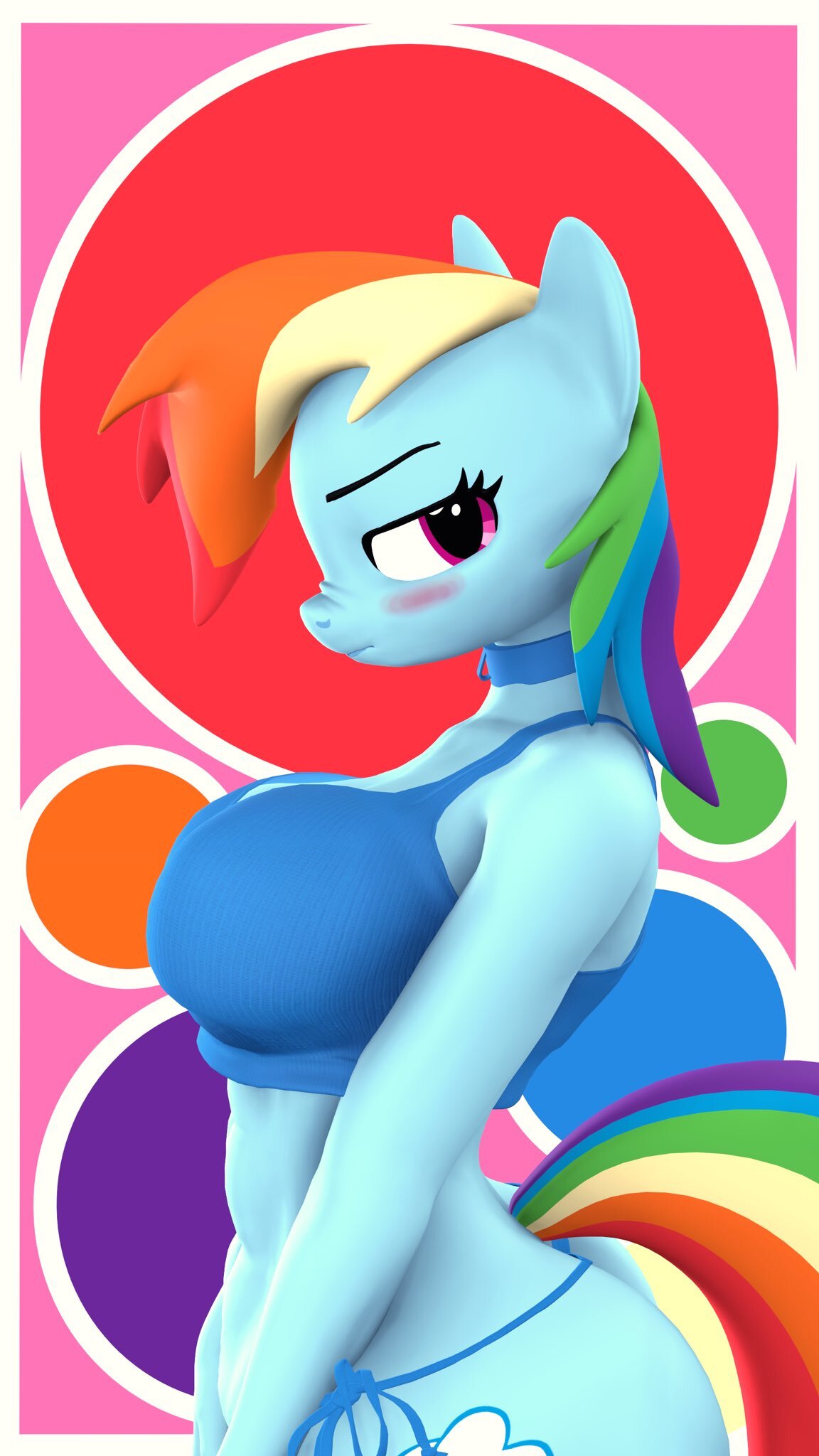 abs anthro anthrofied blush choker clothing collar dress equid equine female friendship_is_magic hair hi_res horse jewelry lazy_work_horse mammal multicolored_hair muscular muscular_anthro muscular_female my_little_pony necklace pony purple_eyes rainbow_dash_(mlp) rainbow_hair scrunched_nose scrunchy_face