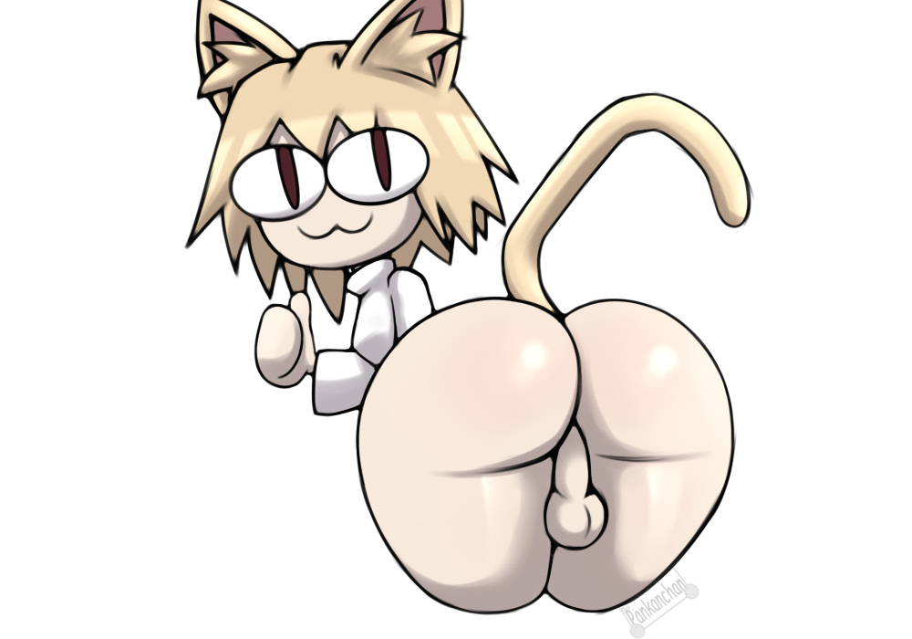 :3 animal_humanoid balls big_butt big_eyes blonde_hair butt cat_smile clothing felid felid_humanoid feline genitals gesture gynomorph hair humanoid intersex mammal mammal_humanoid neco-arc pankanchan red_eyes solo thick_thighs thumbs_up