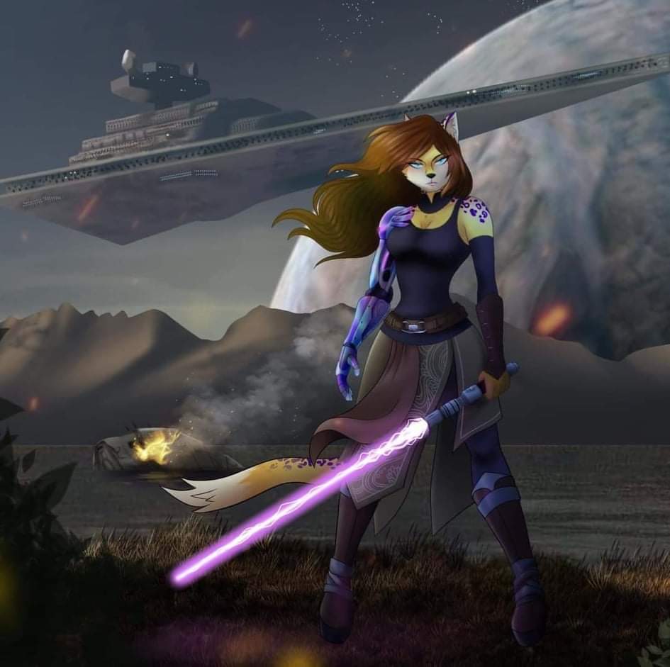 anthro clothed clothing detailed_background diamond_hellhiem female fire fur hybrid jedi lightsaber melee_weapon multicolored_body multicolored_fur pimmie purple_spots solo spots star_destroyer star_wars weapon