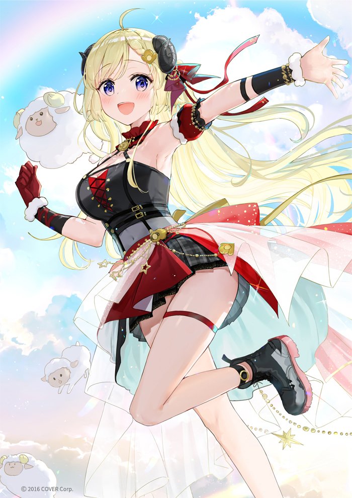 1girl :d ahoge anklet armpits bangs belt black_belt black_footwear blonde_hair blush boots braid breasts cleavage cloud cloudy_sky collar copyright_name covered_navel dot_nose dutch_angle eyebrows_visible_through_hair frilled_collar frills fur_trim fuumi_(radial_engine) gloves grey_skirt hair_ornament hair_ribbon hairclip hololive horns jewelry large_breasts long_hair looking_at_viewer miniskirt official_art open_mouth plaid plaid_skirt pleated_skirt purple_eyes rainbow red_collar red_gloves red_ribbon ribbon sheep sheep_girl sheep_horns sidelocks single_glove skirt sky smile solo standing standing_on_one_leg star_(symbol) thigh_strap tsunomaki_watame very_long_hair virtual_youtuber wrist_cuffs