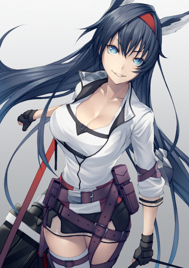1girl animal_ears arknights bag banned_artist belt belt_buckle belt_pouch black_gloves black_hair black_skirt blaze_(arknights) blue_eyes breasts buckle cat_ears cleavage collarbone cowboy_shot fingerless_gloves gloves gradient gradient_background grey_background hairband holding jacket kyoeiki large_breasts long_hair long_sleeves looking_at_viewer miniskirt open_clothes open_jacket parted_lips pouch red_hairband see-through shirt shoulder_bag skirt smile solo thighhighs underbust v-shaped_eyebrows very_long_hair white_jacket white_legwear white_shirt