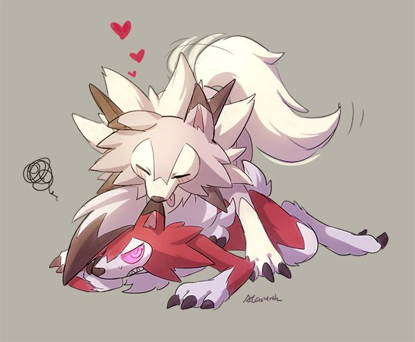 &lt;3 alasurth ambiguous_gender annoyed anthro duo eyes_closed feral lycanroc midday_lycanroc midnight_lycanroc nintendo on_top playful pok&eacute;mon pok&eacute;mon_(species) tail_motion tailwag video_games