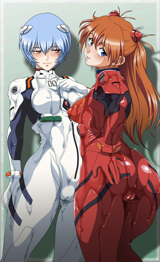 2girls ass ass_visible_through_thighs ayanami_rei back bangs blue_eyes blue_hair blush bodysuit breasts brown_hair cameltoe commentary covered_nipples hair_ornament harumaki_(tenpuras16s) headgear long_hair looking_at_viewer looking_away multiple_girls neon_genesis_evangelion nipples parted_lips plugsuit red_eyes rl short_hair silhouette solo souryuu_asuka_langley wet wet_clothes