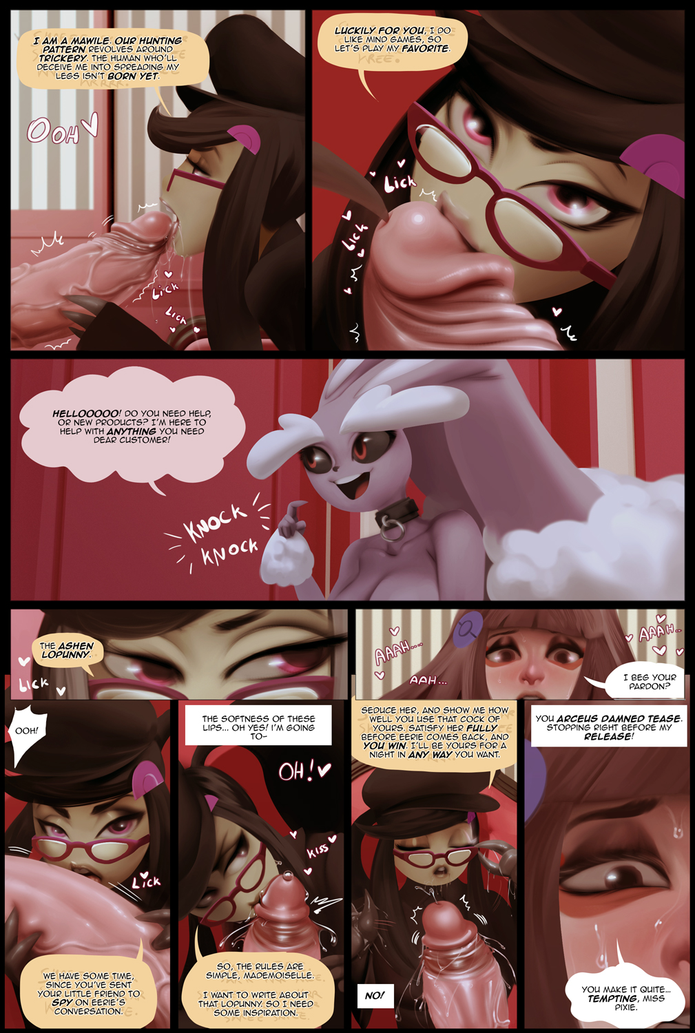 anthro breasts brown_hair comic english_text eyewear female genitals glasses hair herm_(lore) hi_res human licking lopunny male male/female mammal mawile nintendo oral penile penis penis_lick pok&eacute;mon pok&eacute;mon_(species) sex text thekite tongue tongue_out video_games