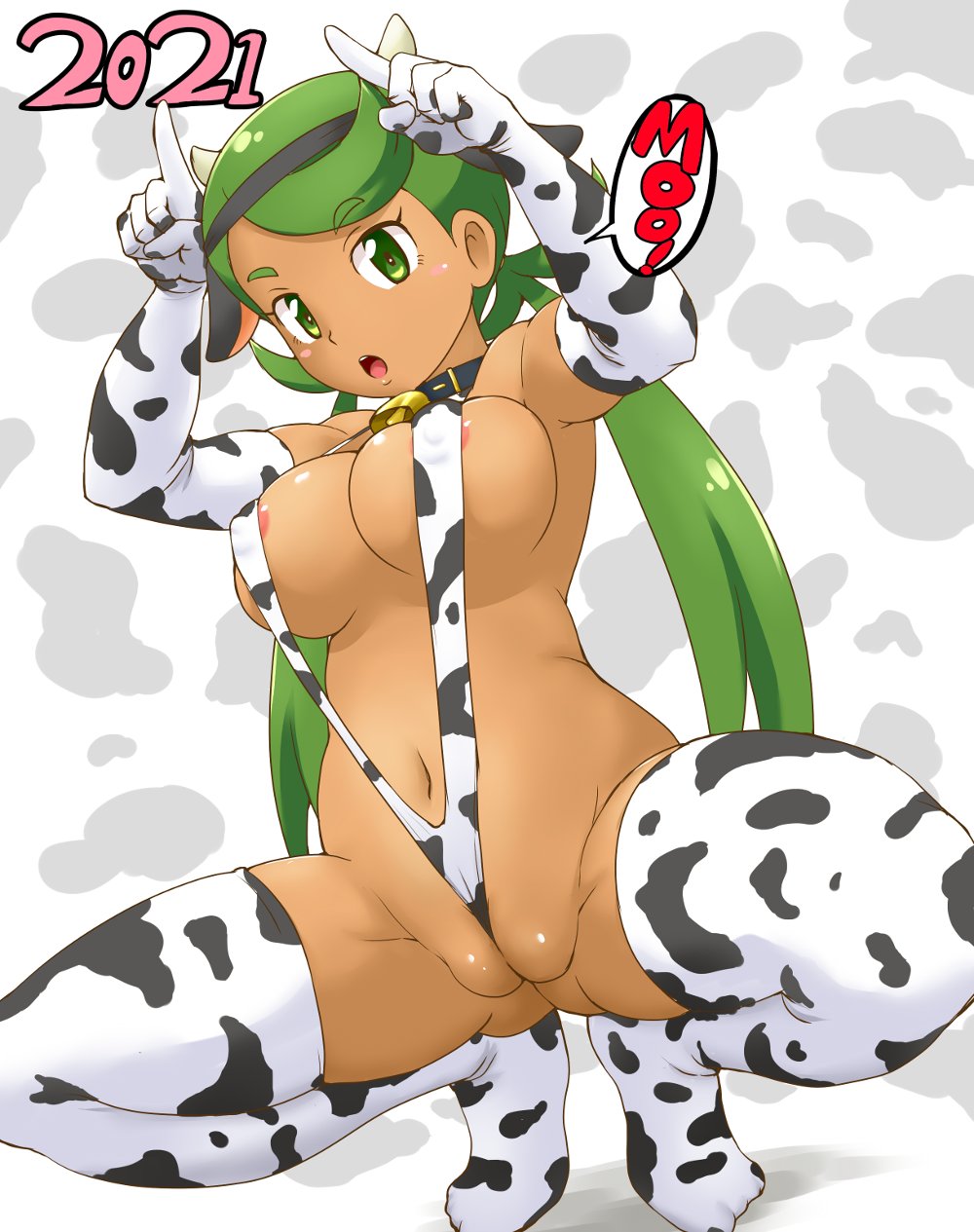 1girl 2021 animal_collar animal_ears animal_print areola_slip areolae bangs bell between_labia black_collar breasts chinese_zodiac collar commentary cow_ears cow_horns cow_print dark-skinned_female dark_skin elbow_gloves fake_animal_ears fake_horns gloves green_eyes green_hair highres horns horns_pose large_breasts long_hair looking_at_viewer low_twintails mallow_(pokemon) navel neck_bell new_year open_mouth pokemon pokemon_(game) pokemon_sm print_gloves print_legwear print_swimsuit pussy slingshot_swimsuit solo squatting swept_bangs swimsuit thighhighs tof twintails white_gloves white_legwear white_swimsuit year_of_the_ox