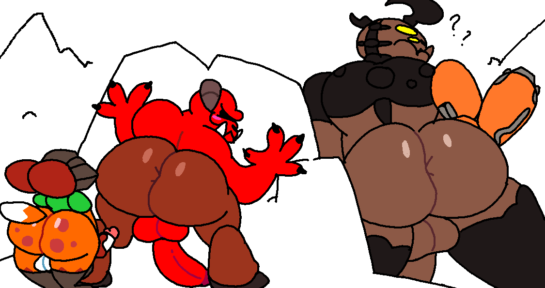 anthro balls baron_of_hell big_butt big_penis butt canid canine confusion cyberdemon demon doom_(series) fox genitals group id_software male male/male mammal penis presenting presenting_hindquarters superiorfox superiorfox_(superiorfoxdafox) video_games wide_hips