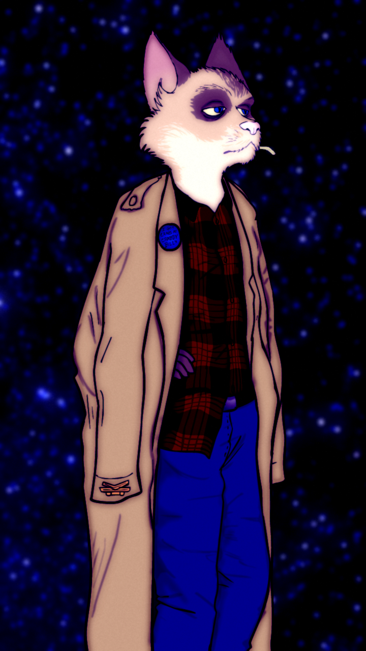 2014 anthro blue_eyes checked_shirt cigarette cigarette_in_mouth clothed clothing domestic_cat felid feline felis fredryk_phox fully_clothed fur hand_on_hip hi_res looking_away male mammal multicolored_body multicolored_fur pink_nose solo space text