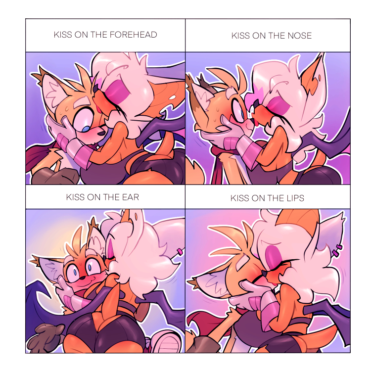 anthro big_breasts bigdad blush breasts butt canid canine chiropteran duo eyes_closed female forehead_kiss fox kissing male male/female mammal miles_prower nose_kiss rouge_the_bat sega sonic_the_hedgehog_(series) wings