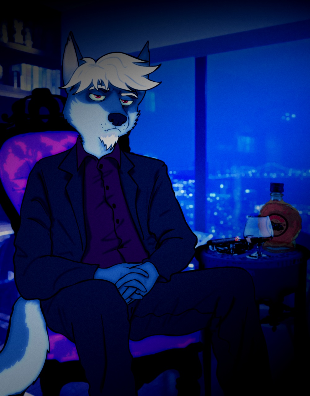 2013 alcohol anthro beverage black_nose canid canine clothed clothing facial_hair fredryk_phox fully_clothed grumpy hair hi_res inside looking_at_viewer male mammal photo_background red_eyes sitting smoke solo suit two_tone_tail white_hair