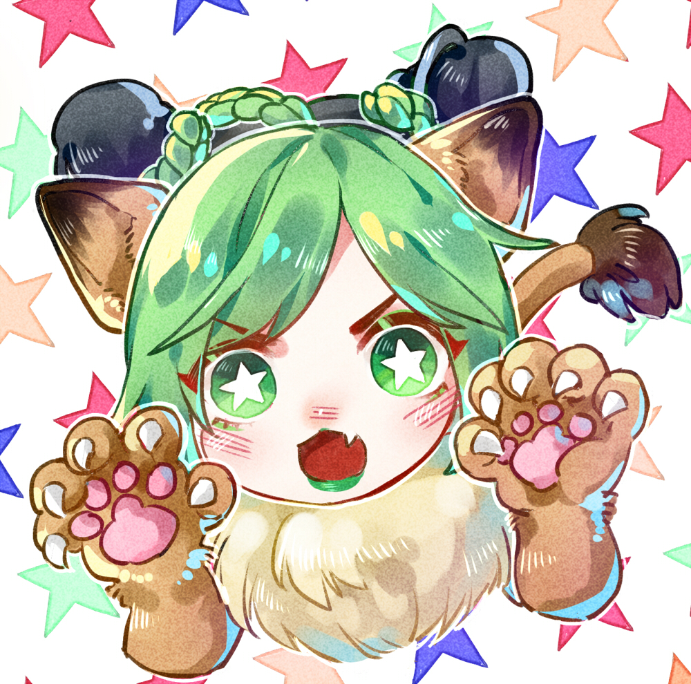 1girl animal_costume animal_hands chibi claws double_bun fang gloves green_hair green_lips jojo_no_kimyou_na_bouken kujo_jolyne lion_costume multicolored_hair paw_gloves sky_kiki solo star-shaped_pupils star_(symbol) stone_ocean symbol-shaped_pupils two-tone_hair