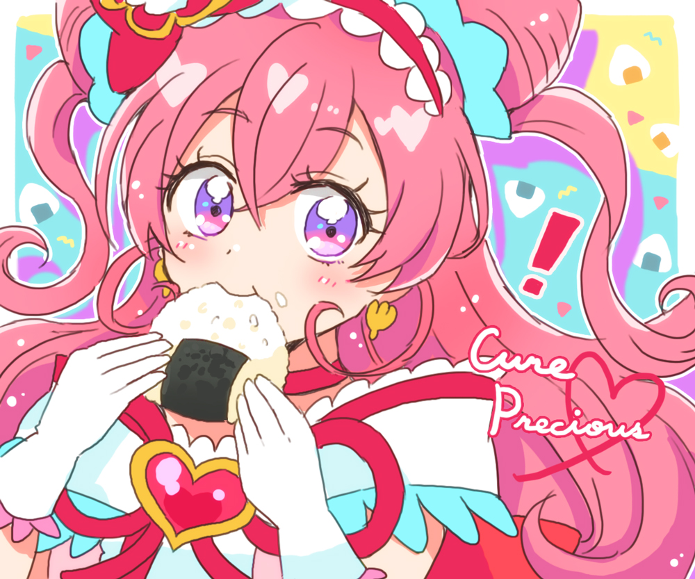 ! 1girl back_bow blush border bow character_name close-up commentary cure_precious delicious_party_precure double_bun eating eyebrows_visible_through_hair face food food_in_mouth food_on_face gloves hair_between_eyes hair_bow heart hitopm holding holding_food huge_bow long_hair looking_at_viewer magical_girl maid_headdress nagomi_yui onigiri outline outside_border pink_bow pink_hair portrait precure purple_eyes red_ribbon ribbon solo two_side_up white_border white_gloves white_outline