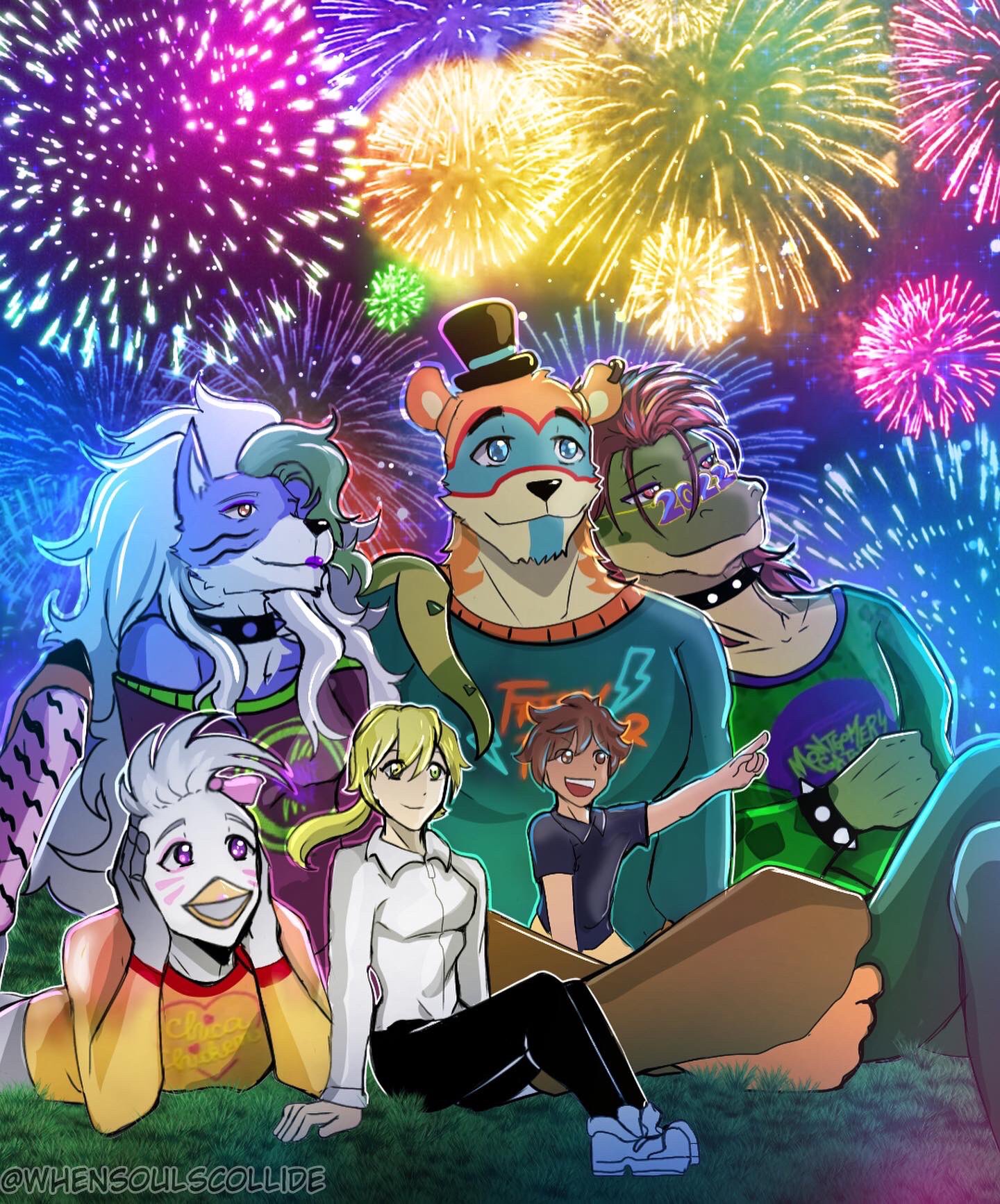 accessory alligator alligatorid anthro avian bird canid canine canis chicken child clothed clothing collar crocodilian crossed_legs dress_shirt eyewear facial_markings female fireworks five_nights_at_freddy's five_nights_at_freddy's:_security_breach galliform gallus_(genus) gesture glamrock_chica_(fnaf) glamrock_freddy_(fnaf) glasses grass gregory_(fnaf) group hair hair_accessory hair_bow hair_on_shoulders hair_over_eye hair_ribbon hand_on_face hat head_markings head_on_shoulder headgear headwear hi_res human leaning_on_another leg_warmers legwear lying male mammal markings montgomery_gator_(fnaf) night off_shoulder on_front on_lap one_eye_obstructed outside phasianid plant pointing polo_shirt reptile ribbons romantic roxanne_wolf_(fnaf) scalie scottgames shirt sitting sitting_on_ground size_difference smile studded_bracelet studded_collar sweater tail_on_shoulder top_hat topwear ursid vanessa_(fnaf) video_games whensoulscollide wolf young
