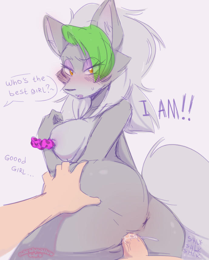 anthro blush bodily_fluids breasts canid canine canis digital_media_(artwork) duo female female_penetrated five_nights_at_freddy's five_nights_at_freddy's:_security_breach fur genital_fluids genitals green_hair hair human interspecies male male/female male_penetrating male_penetrating_female mammal marshmallow-ears nude penetration penis roxanne_wolf_(fnaf) scottgames sex shaded simple_background sketch text vaginal video_games wolf