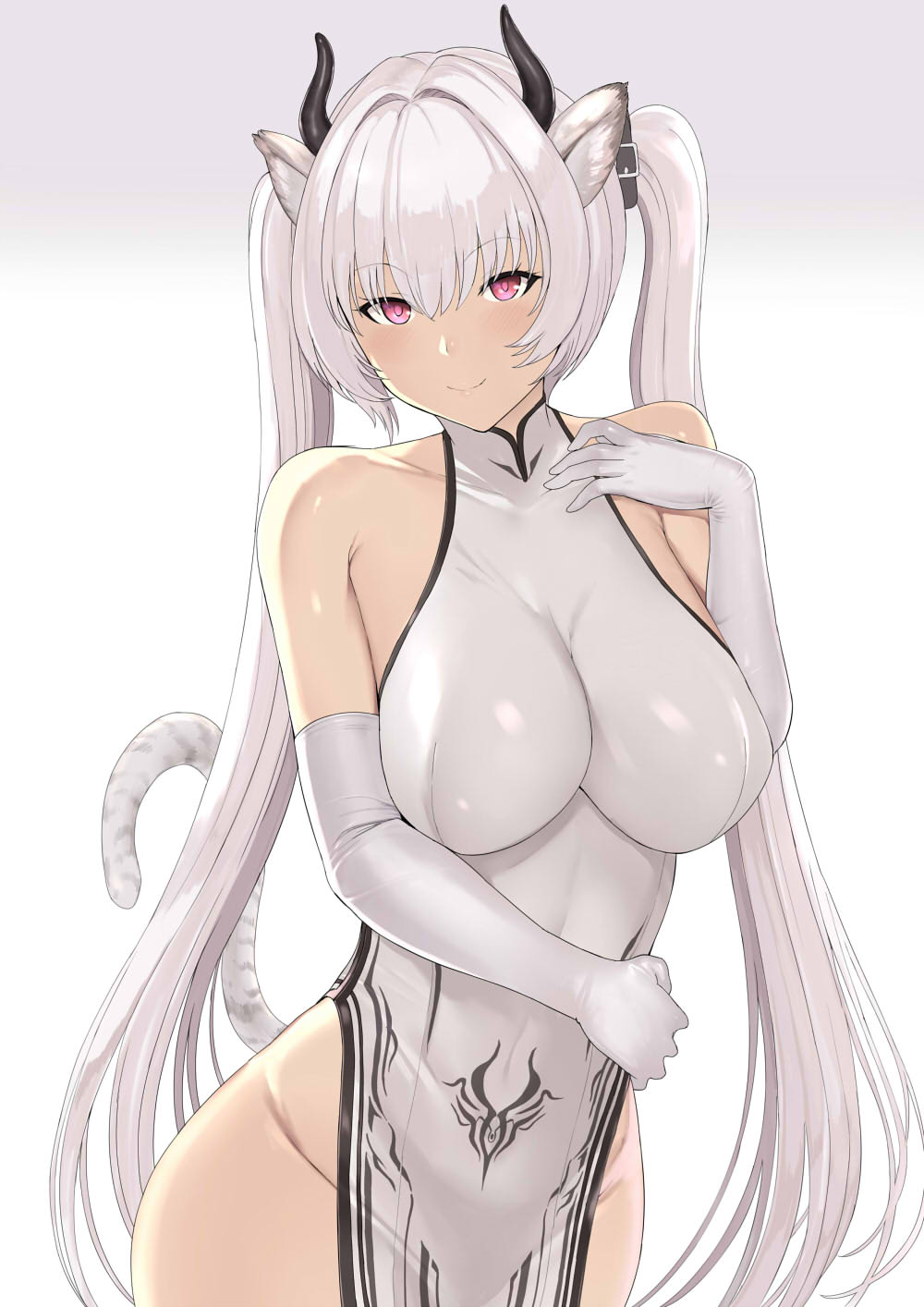 1girl animal_ears bangs bare_shoulders blush breasts dress elbow_gloves gloves hakaba_(dairiseki) highres horns large_breasts long_hair looking_at_viewer original pelvic_curtain purple_eyes smile solo stomach_tattoo tail tattoo tiger_ears tiger_stripes tiger_tail twintails virtual_youtuber weiss_anne white_dress white_gloves white_hair