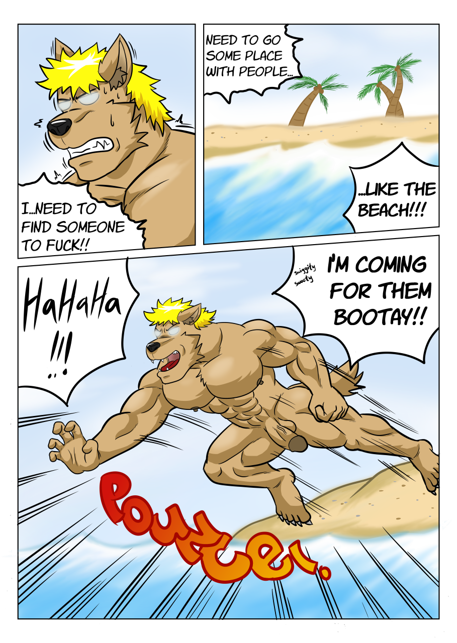 5_fingers 5_toes abs angry anthro beach biceps big_muscles blonde_hair blue_glow brown_body brown_fur canid canine canis clenched_teeth coconut comic dialogue domestic_dog drupe_(fruit) english_text evil_face evil_laugh feet fingers food fruit fur glowing glowing_eyes guss_(vju79) hair hi_res male mammal muscular muscular_anthro muscular_male nipples nude onomatopoeia palm_tree pecs plant pounce profanity sand sea seaside sky solo sound_effects teeth text toes tree water wolf