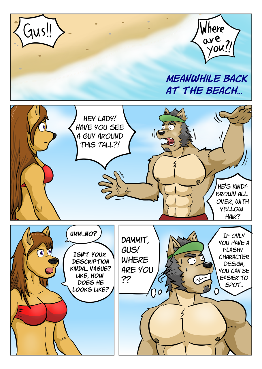 5_fingers abs anthro beach bikini bikini_top black_hair bottomwear breaking_the_fourth_wall brown_body brown_fur brown_hair calling_out canid canine canis clothed clothing cloud comic day dialogue duo english_text facial_hair female fingers fur goatee hair hat headgear headwear hi_res long_hair looking_around male mammal muscular muscular_anthro muscular_male outside pecs purple_eyes red_bikini red_bottomwear red_clothing red_shorts roj_(vju79) sand sea searching seaside shorts sideburns sky swimwear tan_body tan_fur text thought_bubble topless topless_male visor_cap vju79 water wave wolf worried