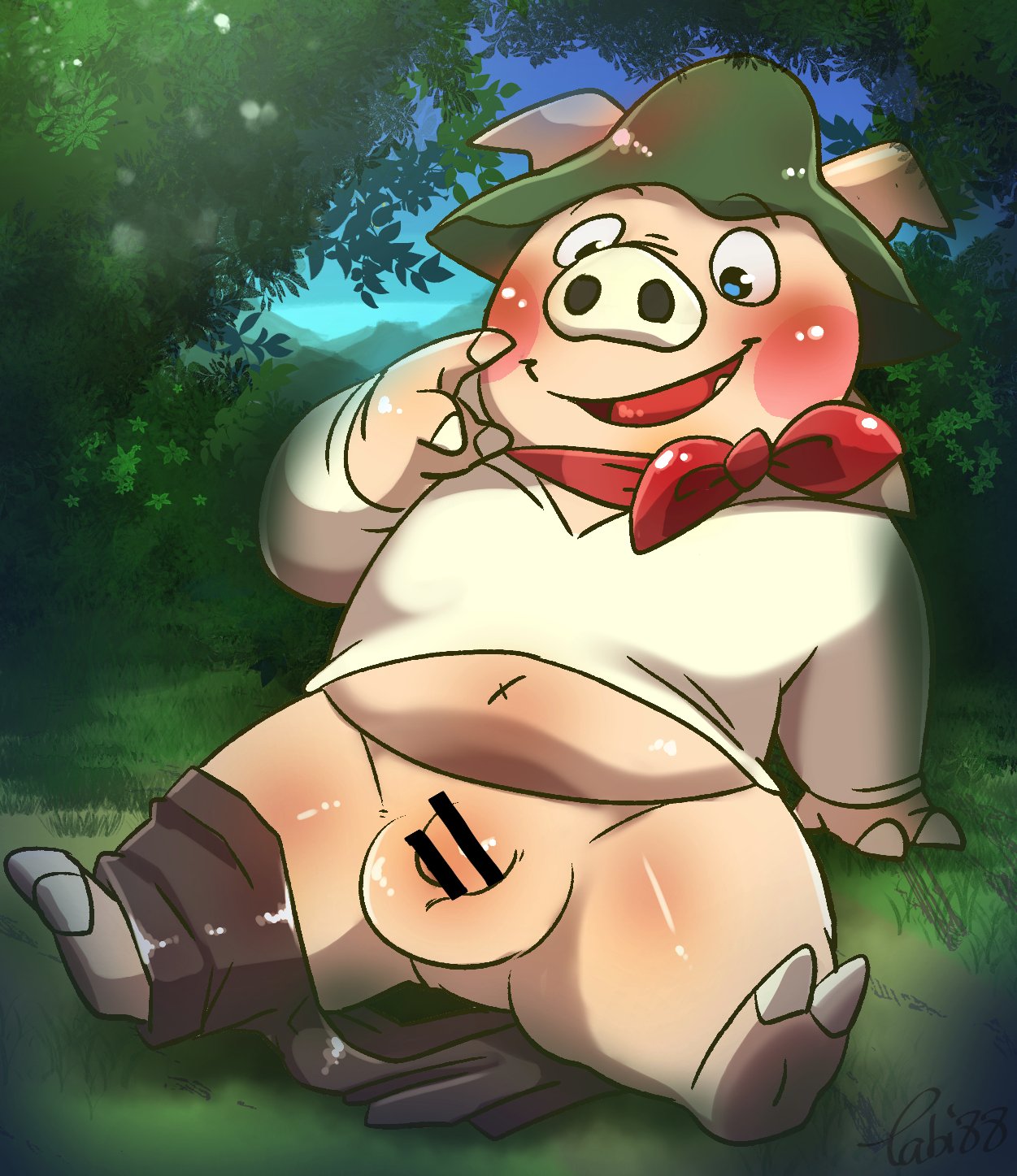 2022 anthro balls blush censored clothed clothing domestic_pig genitals hat headgear headwear hi_res kemono male mammal outside overweight overweight_male penis plant small_penis solo suid suina sus_(pig) tiri_mama tree