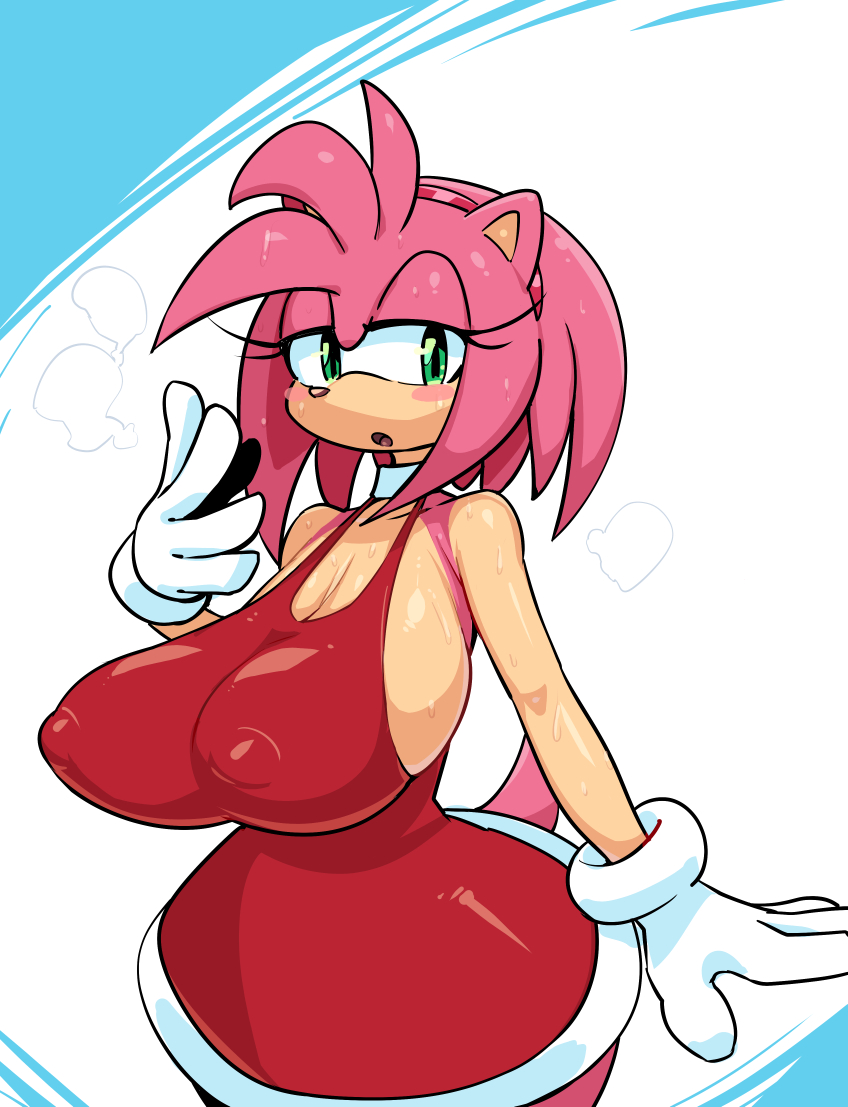 amy_rose anthro big_breasts breasts cleavage clothed clothing eulipotyphlan female hair hedgehog huge_breasts mammal pink_hair pochincoff sega solo sonic_the_hedgehog_(series) swear