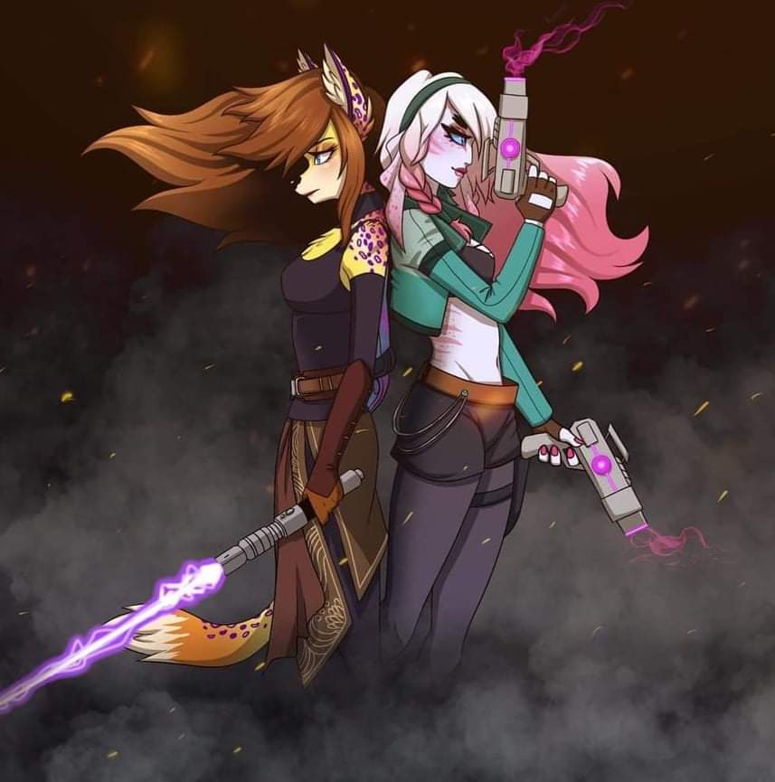 alien anthro belt blaster_pistol diamond_hellhiem dual_wielding duo fan_character female fur hair holding_object holding_weapon hybrid inner_ear_fluff multicolored_body multicolored_fur multicolored_hair multicolored_skin pimmie purple_lightsaber purple_spots smoke sparks spots star_wars tuft weapon