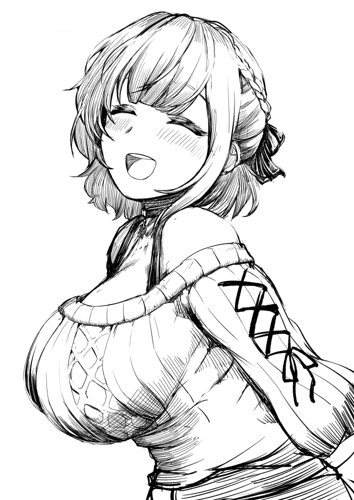 1girl :d ^_^ bare_shoulders between_breasts blush braid breasts choker cleavage closed_eyes facing_viewer french_braid from_side greyscale hat hat_ribbon head_between_breasts hololive huge_breasts jewelry large_breasts monochrome off-shoulder_sweater off_shoulder official_alternate_costume open_mouth pendant ribbed_sweater ribbon shirogane_noel short_hair simple_background sketch smile snowflake_pendant solo sweater upper_body virtual_youtuber white_background yamada_gaeshi