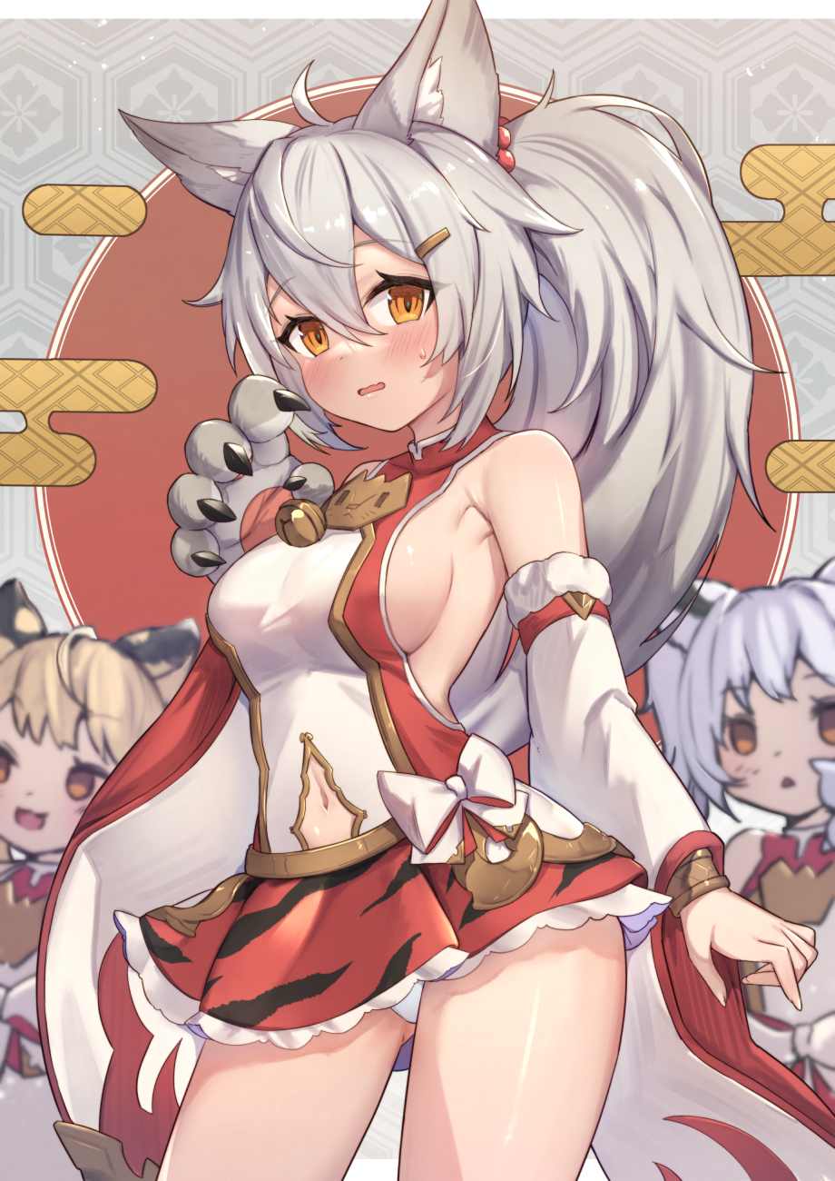 3girls :d ahoge animal_ear_fluff animal_hands armpits ass_visible_through_thighs bai_(granblue_fantasy) bare_shoulders blonde_hair blurry blurry_background blush breasts brown_eyes cidala_(granblue_fantasy) clothing_cutout commentary_request depth_of_field egasumi gloves granblue_fantasy grey_gloves grey_hair highres huang_(granblue_fantasy) long_hair medium_breasts multiple_girls navel navel_cutout paw_gloves pleated_skirt ponytail red_shirt red_skirt sen_(granblue_fantasy) shirt sideboob single_glove skirt sleeveless sleeveless_shirt smile uneg very_long_hair wavy_mouth