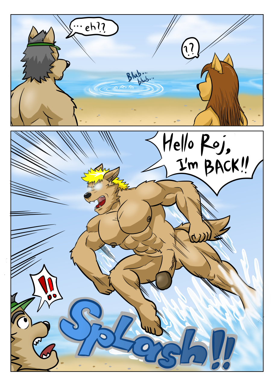 ! ? abs anthro beach big_muscles black_hair blonde_hair brown_hair brown_penis bubble canid canine canis clothed clothing cloud comic dialogue domestic_dog emerging english_text erection exclamation_point female genitals glans group guss_(vju79) hair hat headgear headwear hi_res humanoid_genitalia humanoid_penis jumping long_hair male mammal muscular muscular_anthro muscular_male muscular_thighs nipples nude onomatopoeia open_mouth outside pecs penis rear_view roj_(vju79) sand sea seaside shocked sky sound_effects text topless topless_male vein veiny_penis visor_cap vju79 water wolf