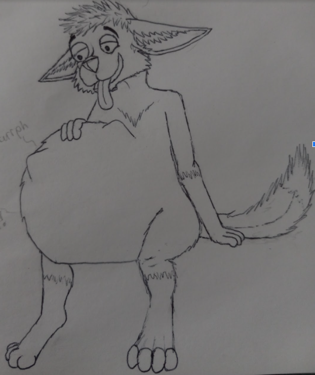 anthro artist belly belly_inflation belly_rub big_belly canid canine canis domestic_dog eating fluffy fluffy_tail furry hindpaw holding_belly humanoid hyaenid hybrid inflation invalid_tag male mammal paws tail tired tired_eyes tongue vore vore_belly vore_maw wolf ych_(character)